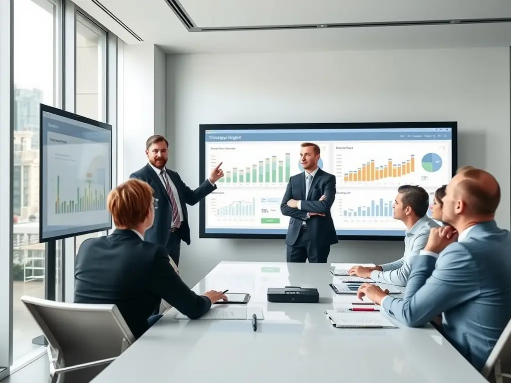 An image showing a consultant presenting data-driven insights and recommendations to a client in a boardroom. The image should emphasize the use of analytics and strategic thinking to drive informed decision-making.