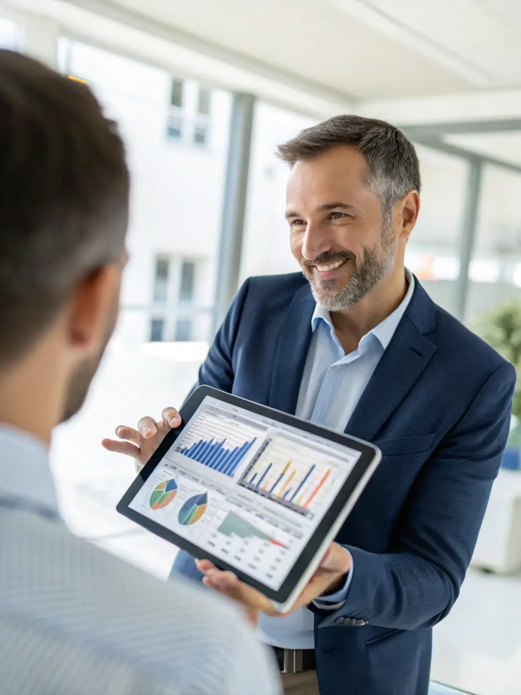 A consultant presenting a digital transformation roadmap to a client, showcasing the integration of new technologies and processes.